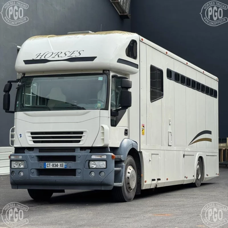 Camion chevaux PL Iveco Stralis 19T – 300 CV, 7 chevaux, Home Car 2+2 couchages, cuisine équipée et salle d’eau. Disponible chez CONCEPTPGO.